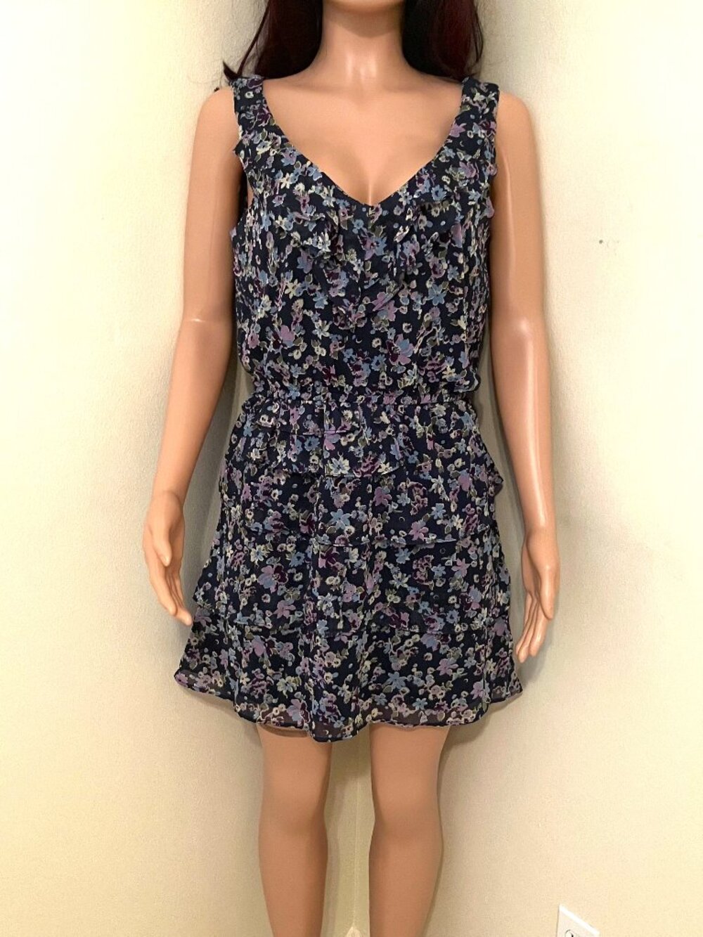 Blue Floral Elastic Waist Sleeveless Pullover Dress-Size L-NWOT